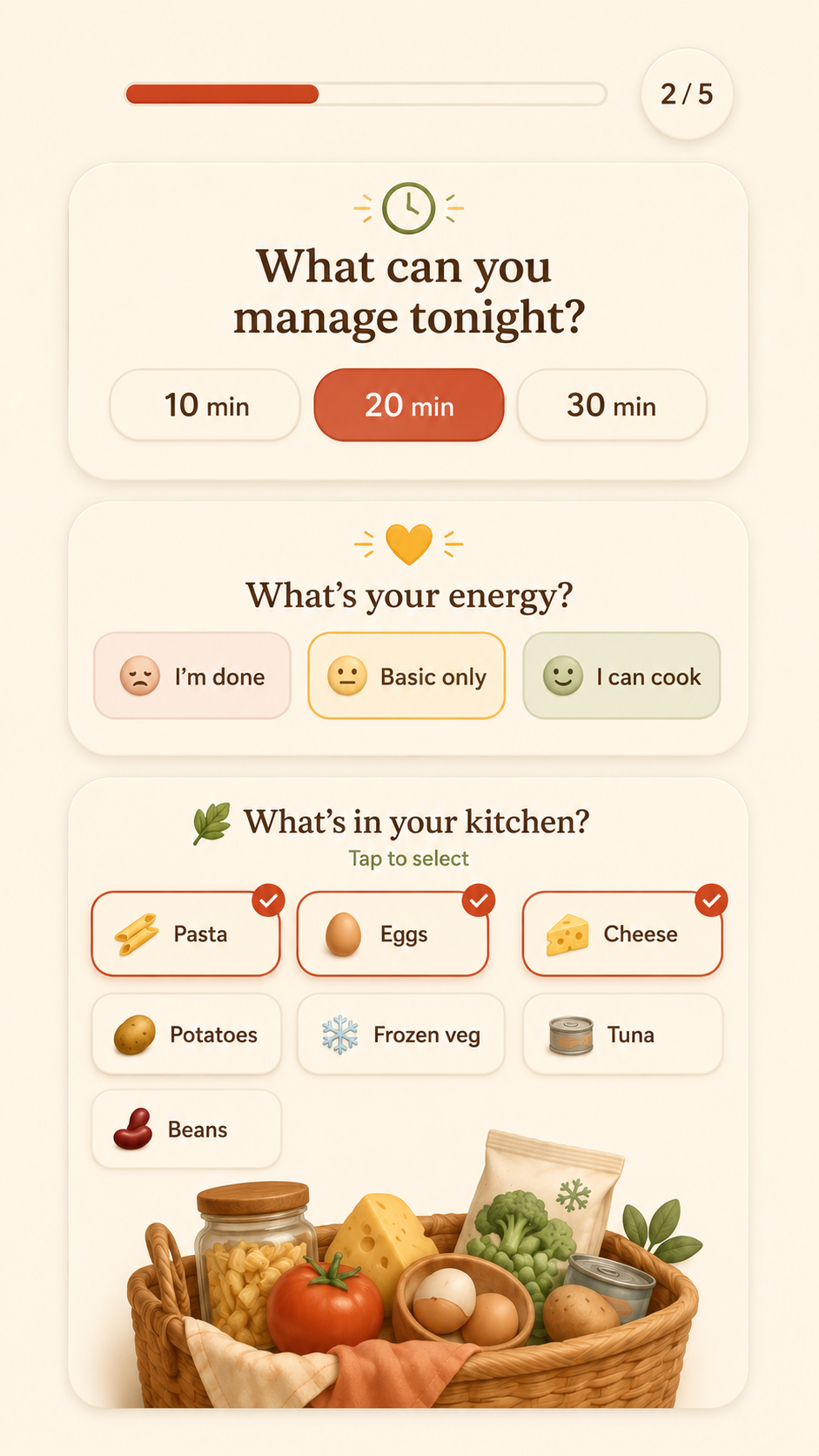 App screen — time, energy and ingredients