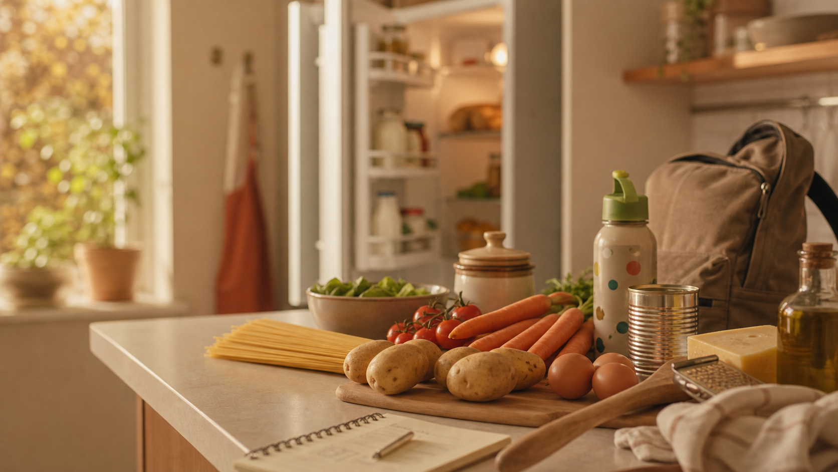 A warm-lit kitchen counter at dusk with vegetables, pasta, and a fridge open in the background.