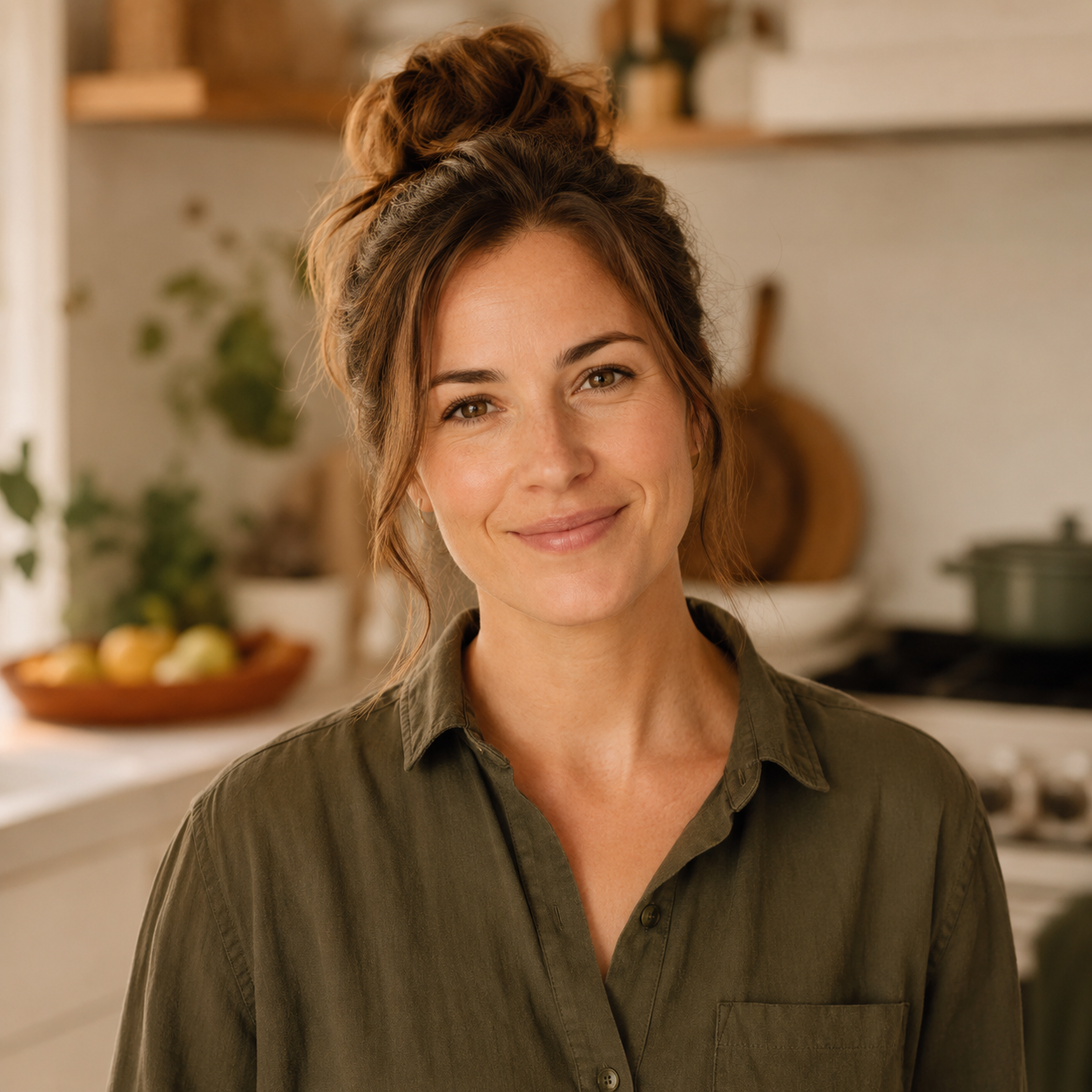 A tired but warm mom in a cosy kitchen