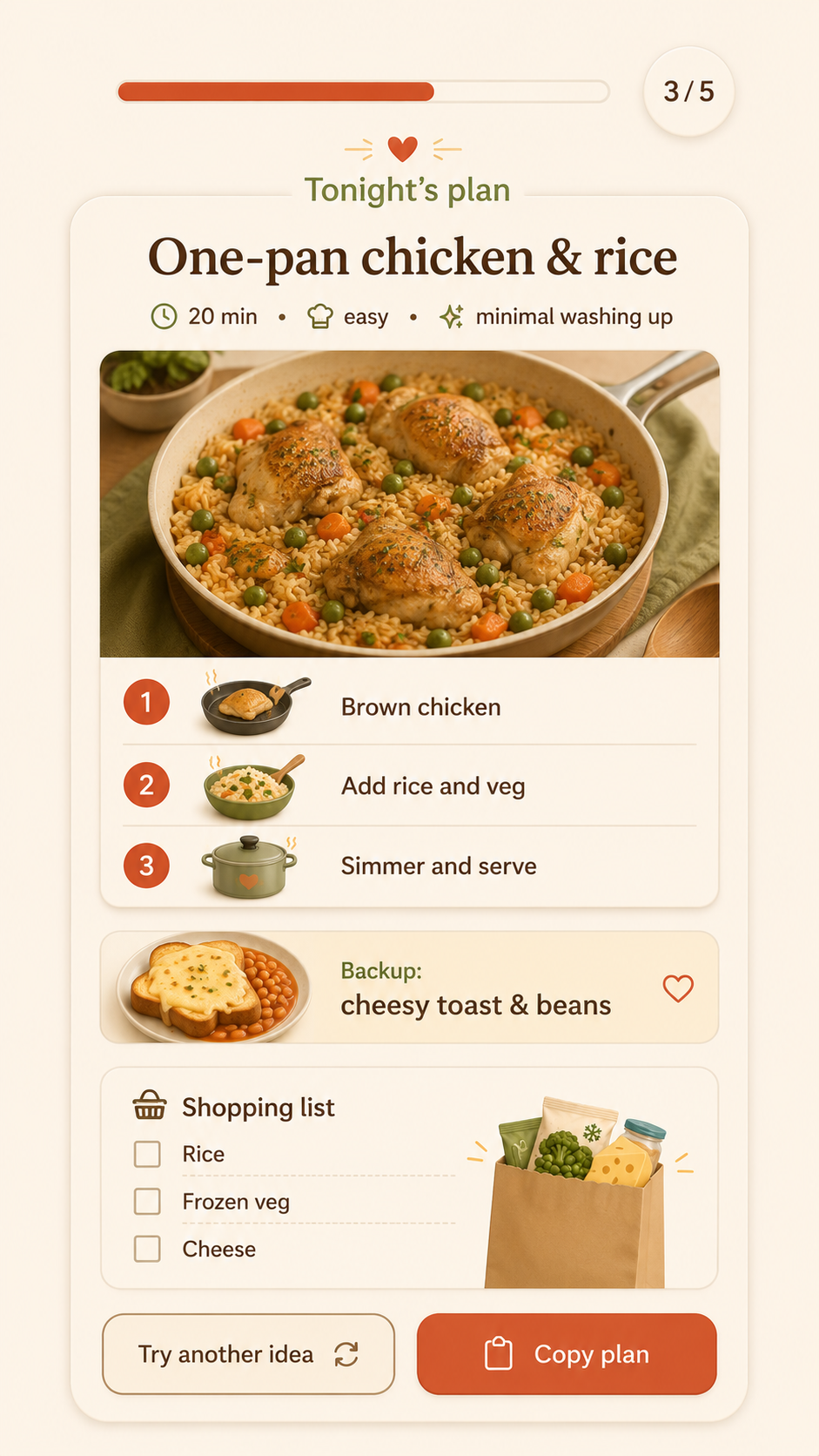 App screen — tonight's plan